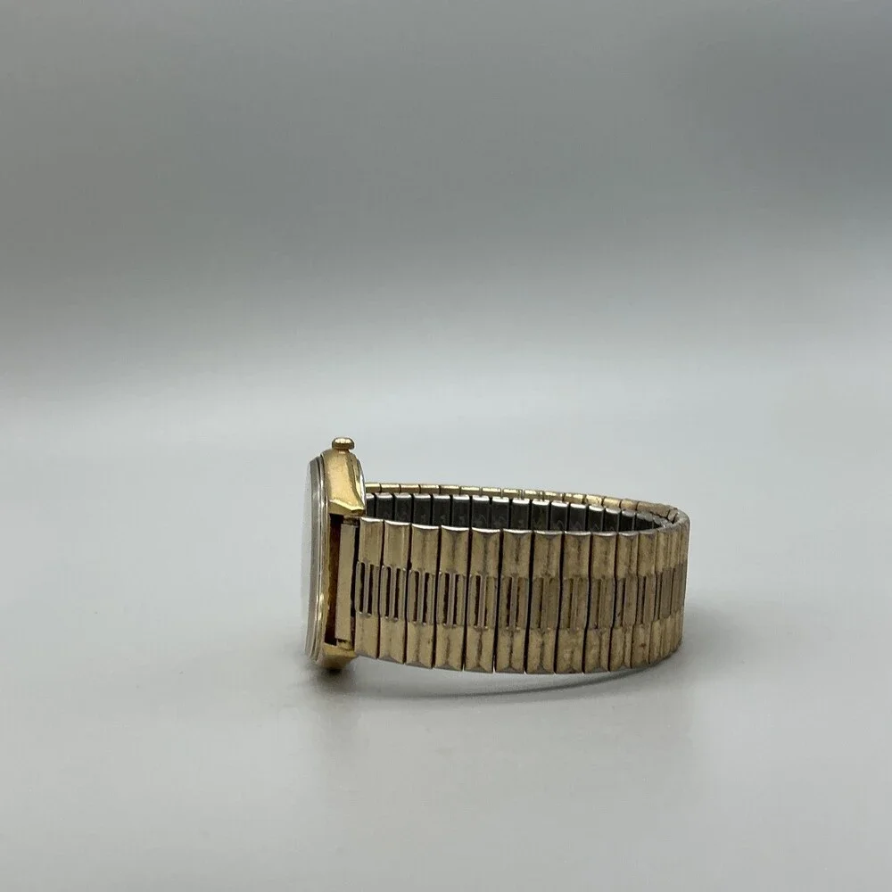 Vintage Pulsar Mens Watch 34mm Gold Tone Day Date H148-8009 Stretch New Battery